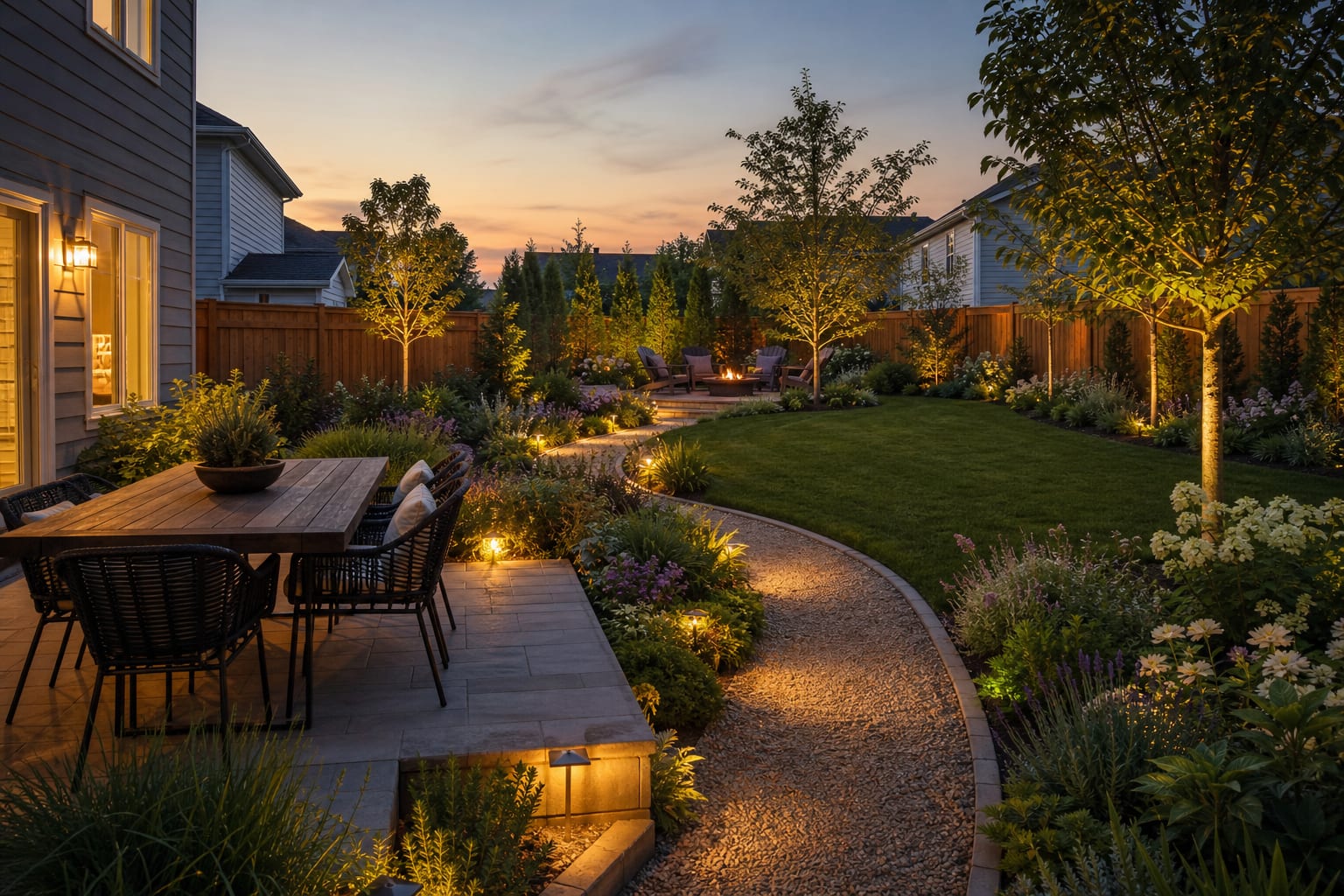 same backyard angle with dining near the house, a curved path, layered planting, shade trees, and a fire pit destination.