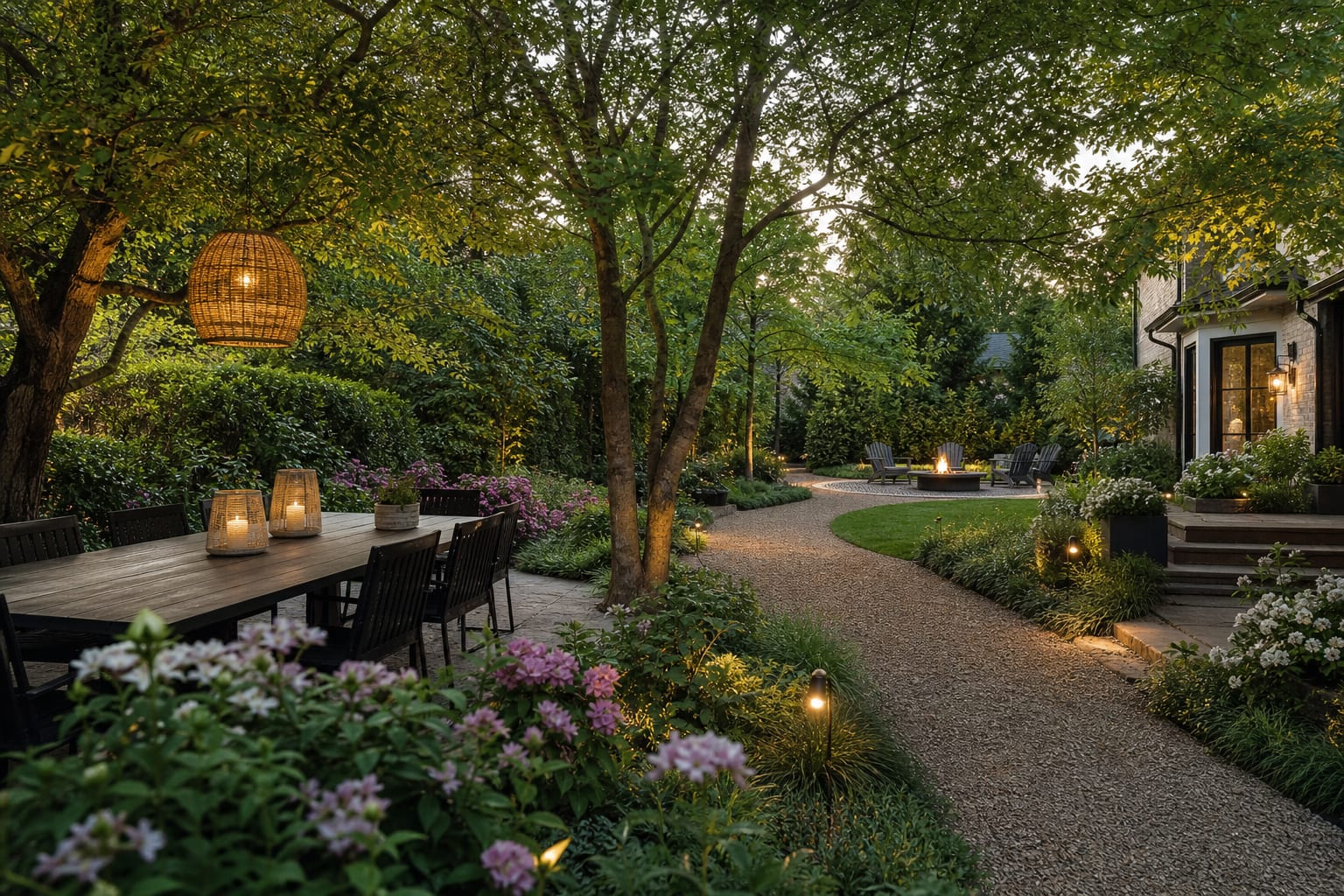 large backyard with outdoor dining, layered planting, a curving gravel path, shade trees, and a distant fire pit zone