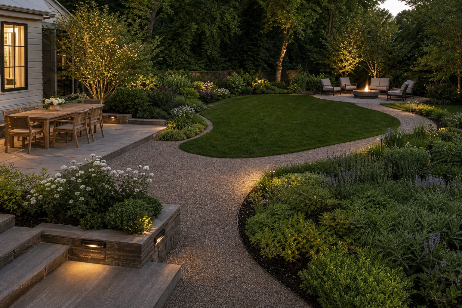 large yard plan with dining terrace, curved path, lawn panel, planting borders, and fire pit arranged as separate outdoor rooms