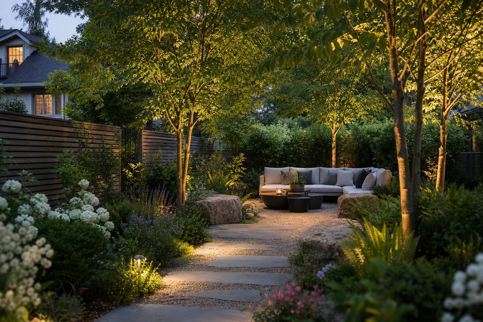 backyard seating zone under young shade trees with gravel path, deep planting beds, and warm low-voltage lighting