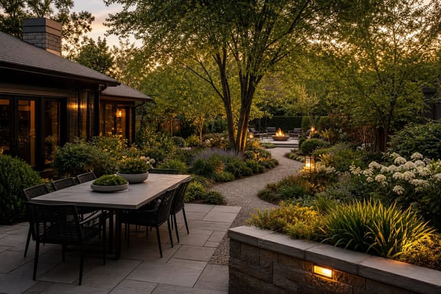 large backyard with outdoor dining, layered planting, a curving gravel path, shade trees, and a distant fire pit zone