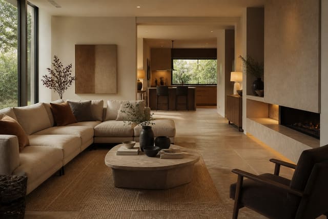 Large Format Tile Ideas: How Big Tiles Change a Room, shown as warm editorial Re-Design photography of a warm editorial residential interior design scene with believable residential scale, no overlaid text, no watermark