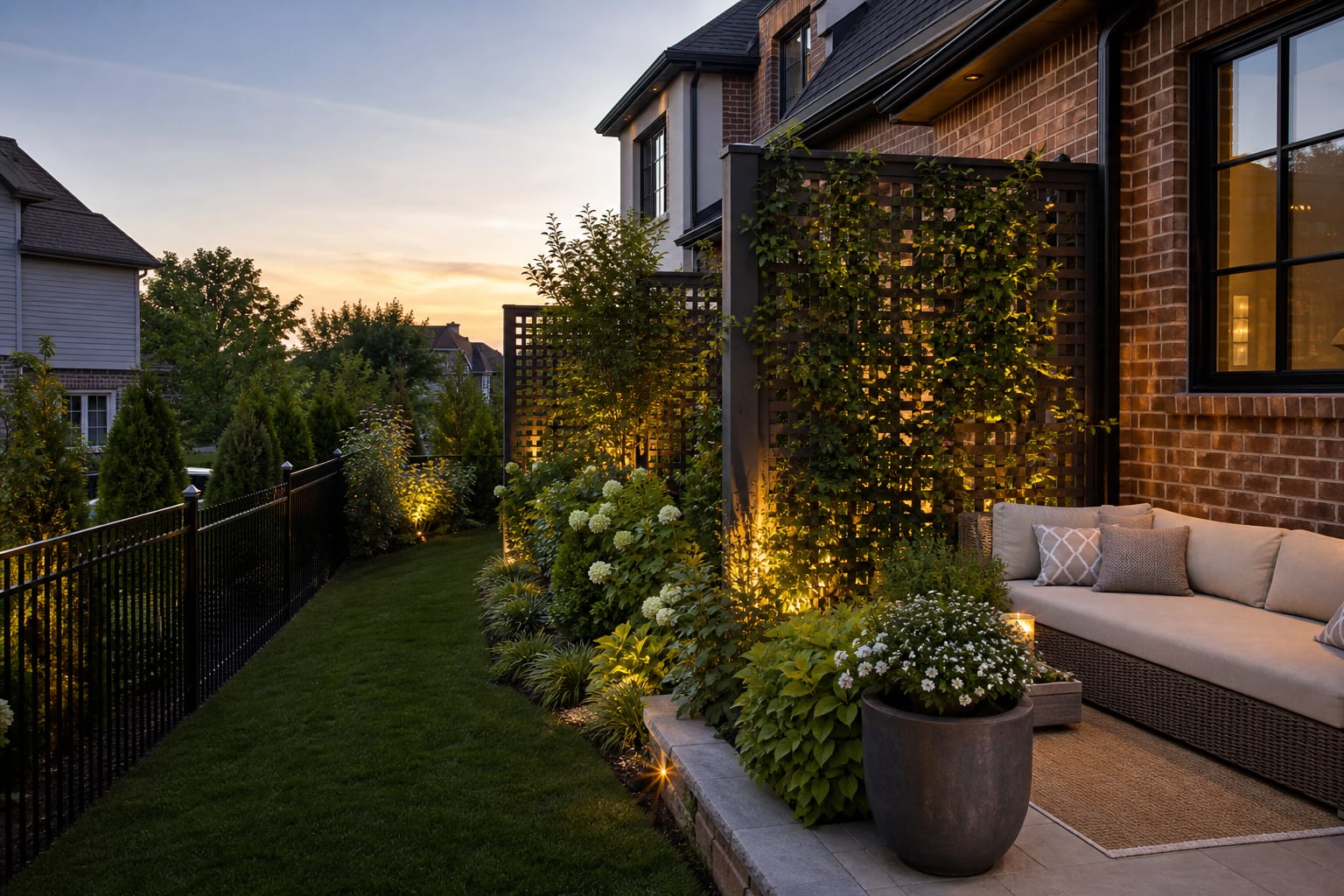 Same garden angle with framed lattice panels, climbing vines, layered shrubs, and a softened seating edge for partial privacy
