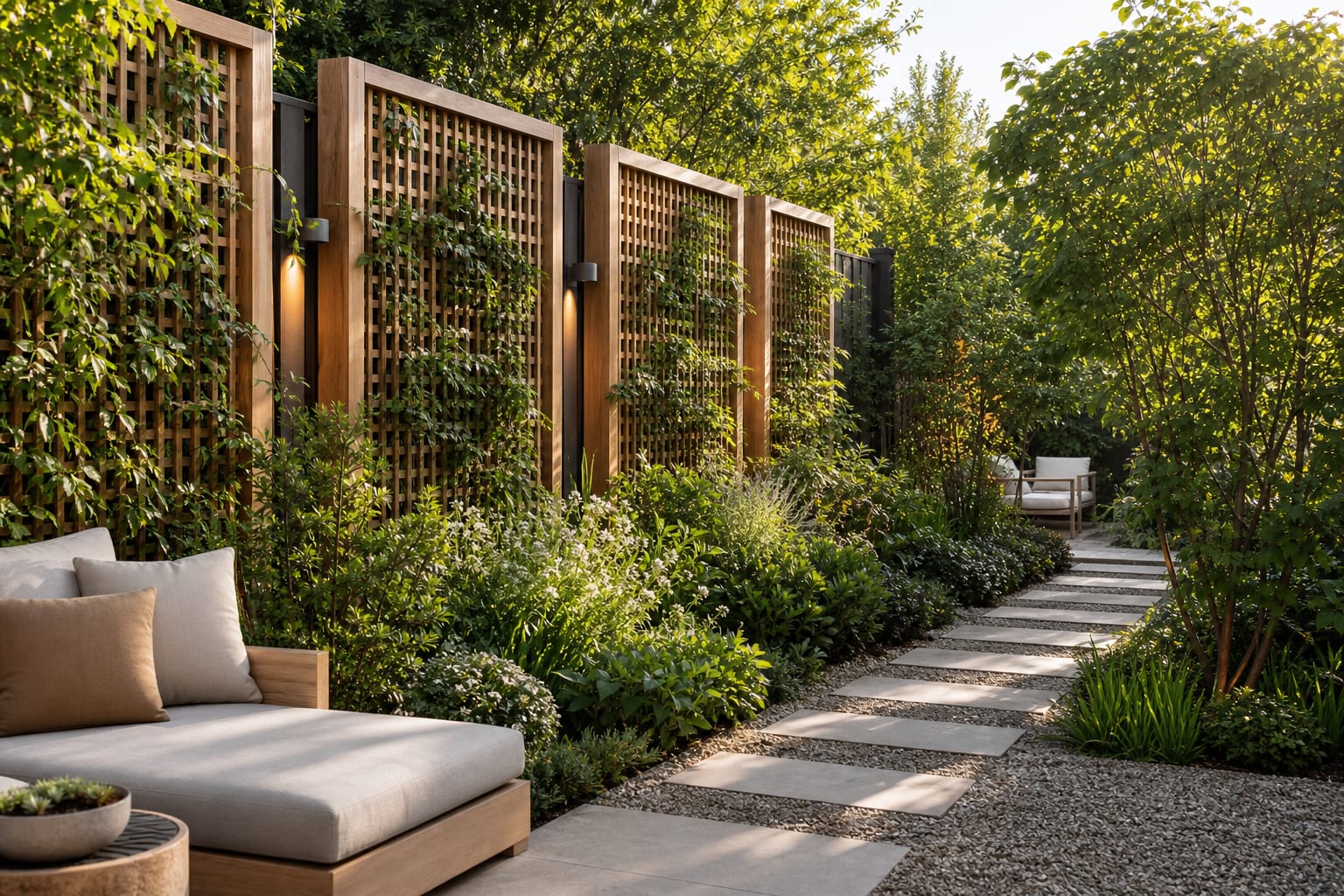 Framed cedar lattice panels with climbing vines, layered shrubs, gravel path, and filtered garden privacy along a sunny fence line