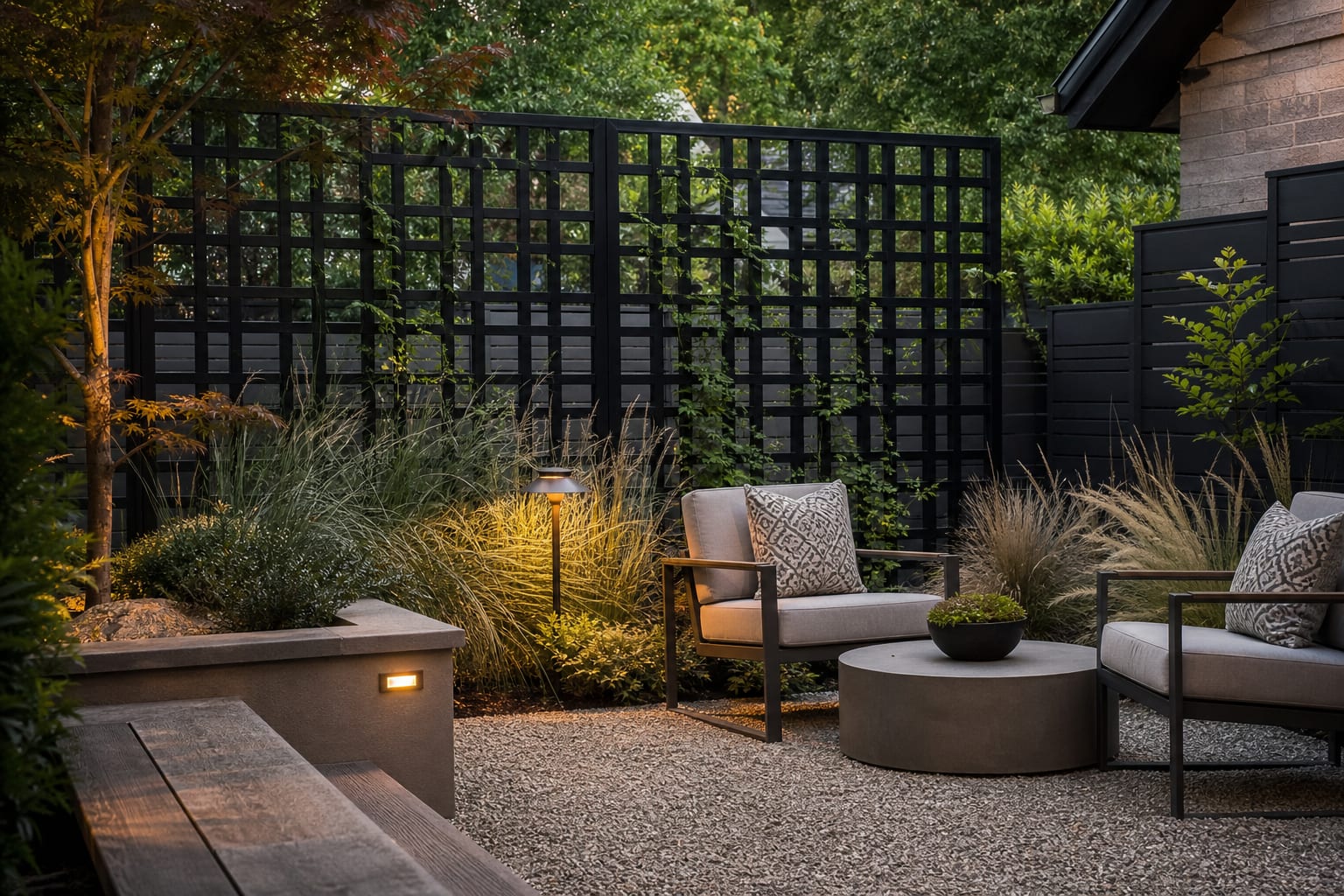 Square black lattice privacy screen with ornamental grasses, low path light, and a compact gravel seating area in a small garden