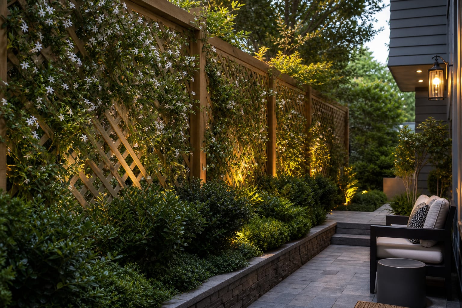 AI preview of a garden privacy redesign showing cedar lattice panels, climbing plants, and layered shrubs along a narrow side yard