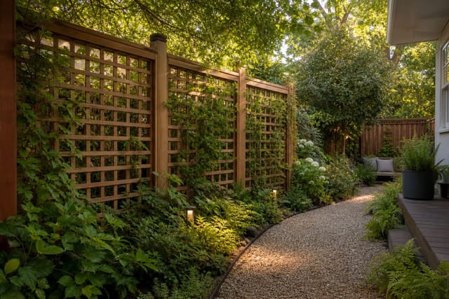 Framed cedar lattice panels with climbing vines, layered shrubs, gravel path, and filtered garden privacy along a sunny fence line