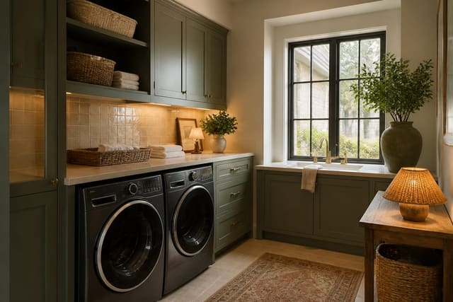 Laundry Room Color Ideas in a laundry room, shown as a warm editorial Re-Design concept