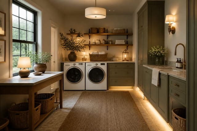 Editorial interior photograph showing laundry room ideas that make the chore less of a chore in a real laundry room, with warm residential materials, layered lighting, functional furniture placement, and a magazine-quality composition.