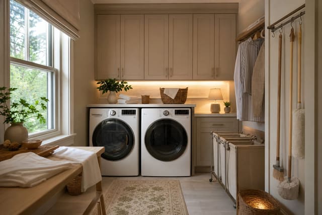 small laundry room with closed cabinets above machines, a hanging rod, labeled hampers, and a narrow wall rail for cleaning tools