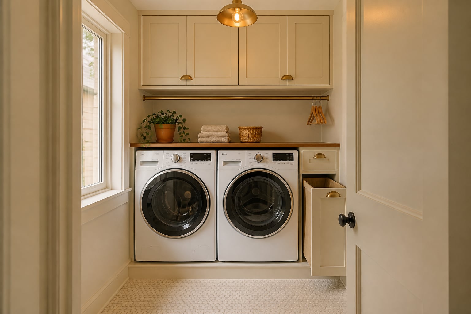 Same laundry room with soft-white shaker cabinetry above the appliances, a continuous walnut folding shelf, a brass hang-dry rod, and a pull-out hamper drawer.