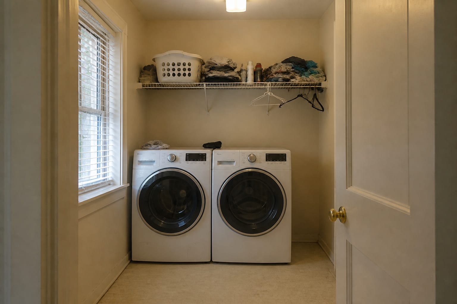 Small laundry room with a saggy wire shelf piled with laundry, tipped detergent, and tangled hangers above the washer-dryer pair, under a cold ceiling-box light.