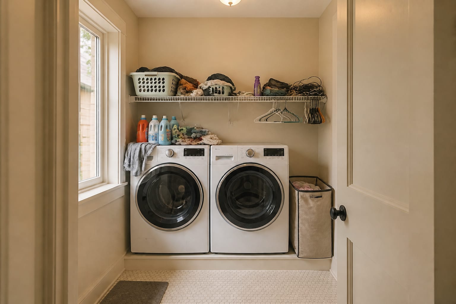 Small laundry room with a saggy wire shelf piled with laundry, tipped detergent, and tangled hangers above the washer-dryer pair, under a cold ceiling-box light.