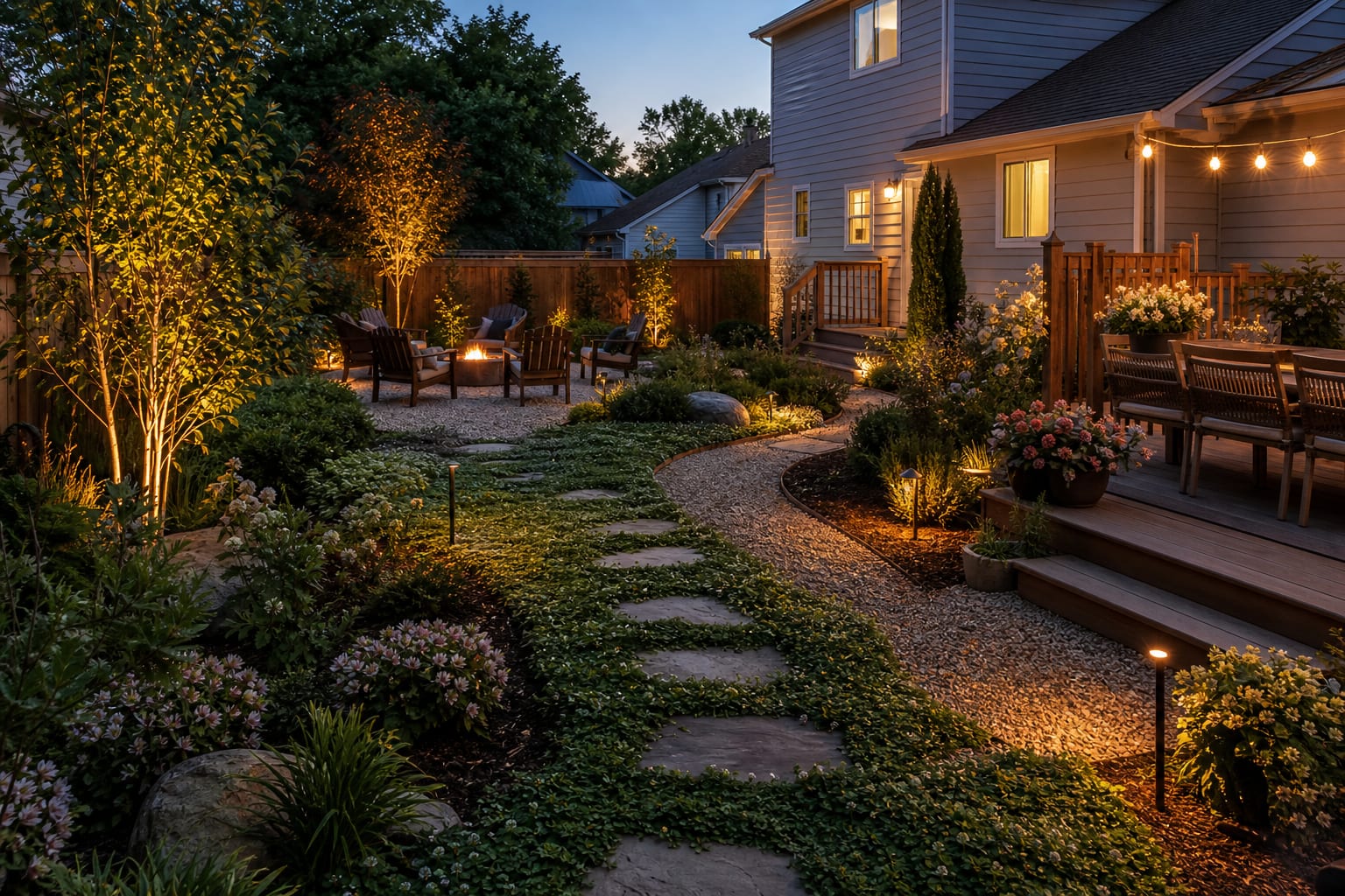 The same residential front yard from the same camera angle at the same time of day, replanted with a uniform 3 in. micro-clover blend, the same stepping-stone path, the same 12 in. mowed perimeter, and the same front door beyond.