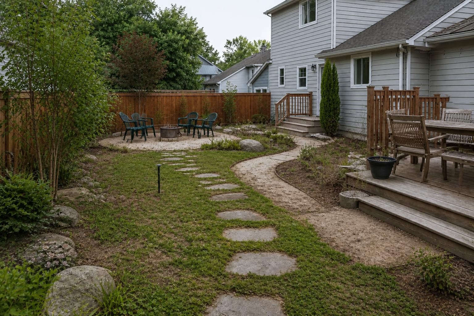 A residential front yard with patchy struggling Kentucky bluegrass turf, bare brown spots near the sidewalk, a sprinkler head in the foreground, a stepping-stone path running to a 36 in. front door, and a 12 in. mowed border under flat midday light.