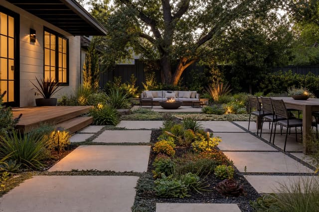 The same residential front yard from the same camera angle at the same time of day, replanted with a uniform 3 in. micro-clover blend, the same stepping-stone path, the same 12 in. mowed perimeter, and the same front door beyond.