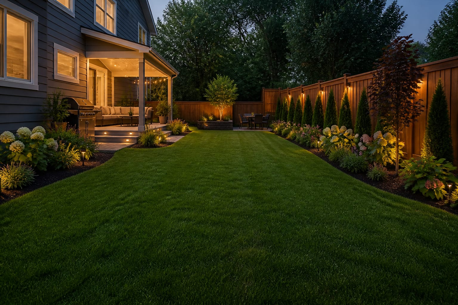 Same lawn grown thick, even, and green with crisp bed edges after following the schedule