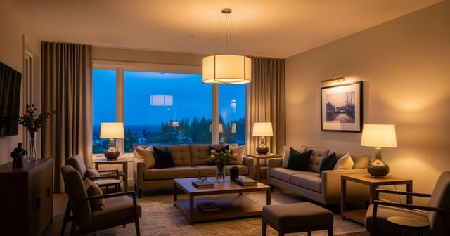 A living room with layered lighting — ceiling pendant, two floor lamps, table lamps, and a picture light