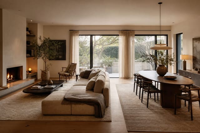 open living and dining room with a low sofa, oval dining table, large rugs, and clear walking paths between zones