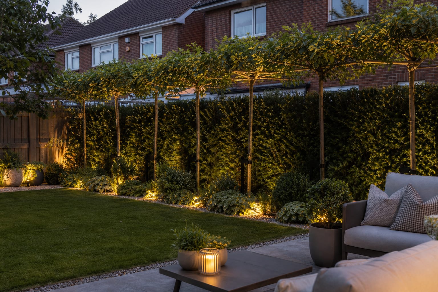 same garden angle with pleached trees, evergreen hedge plants, gravel edging, and layered groundcover forming a green privacy screen