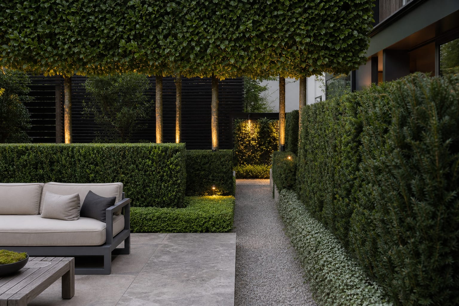 layered garden privacy screen with pleached trees, evergreen hedging, gravel path, and clipped groundcover beside a seating area