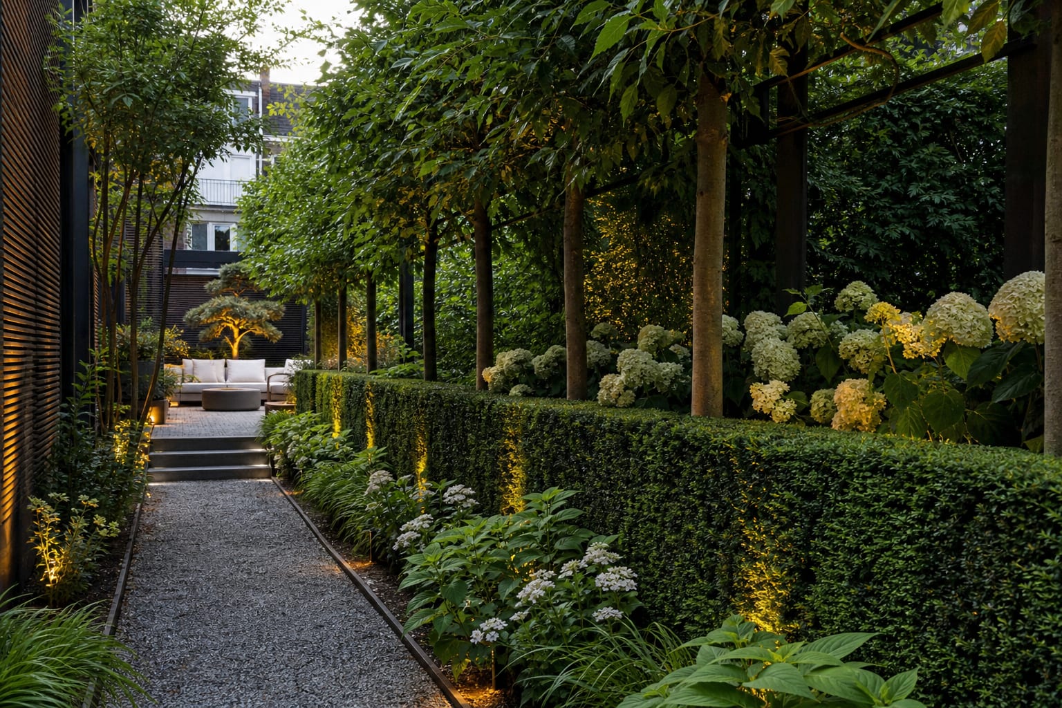 pleached tree row above a low hedge with gravel path, clipped edging, and layered planting in a narrow urban garden