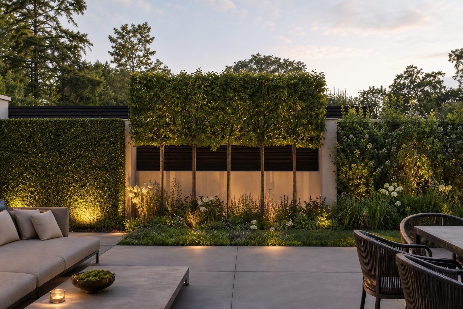 AI-style garden preview showing the same boundary with a clipped hedge option, pleached tree option, and mixed living fence option