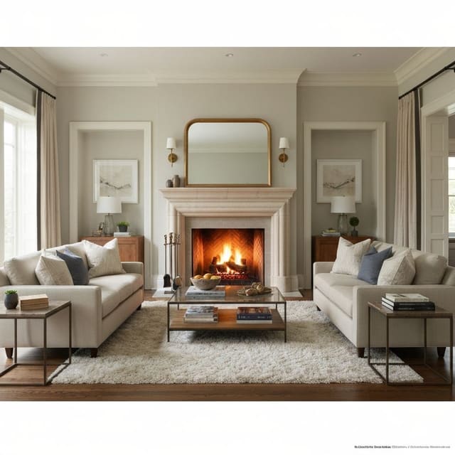 A living room arranged around a fireplace wall with a balanced seating plan