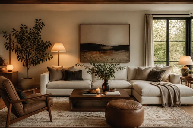 Living Room Furniture Cost: A Piece-by-Piece Budget, shown as warm editorial Re-Design interior photography with layered materials and lighting