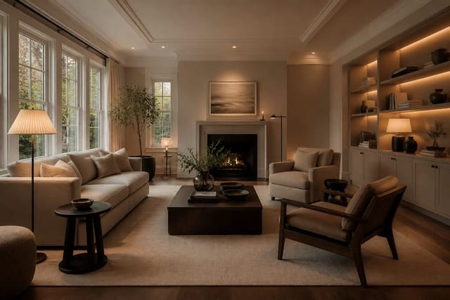 Editorial interior photograph showing living room layout ideas for every room shape in a real living room, with general materials, layered warm lighting, styled furniture, and a magazine-quality residential composition.