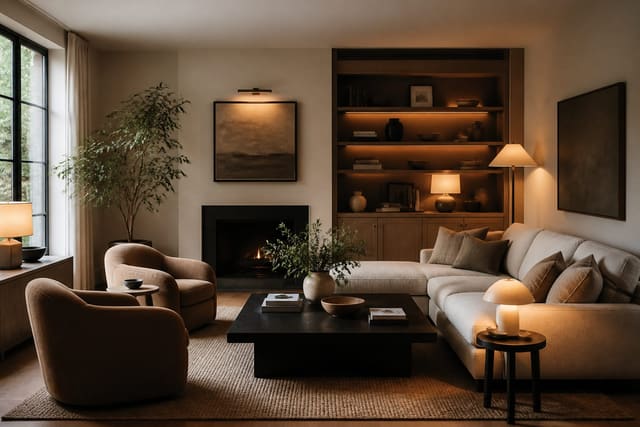 Living Room Lighting Guide in a living room, shown as a warm editorial Re-Design concept