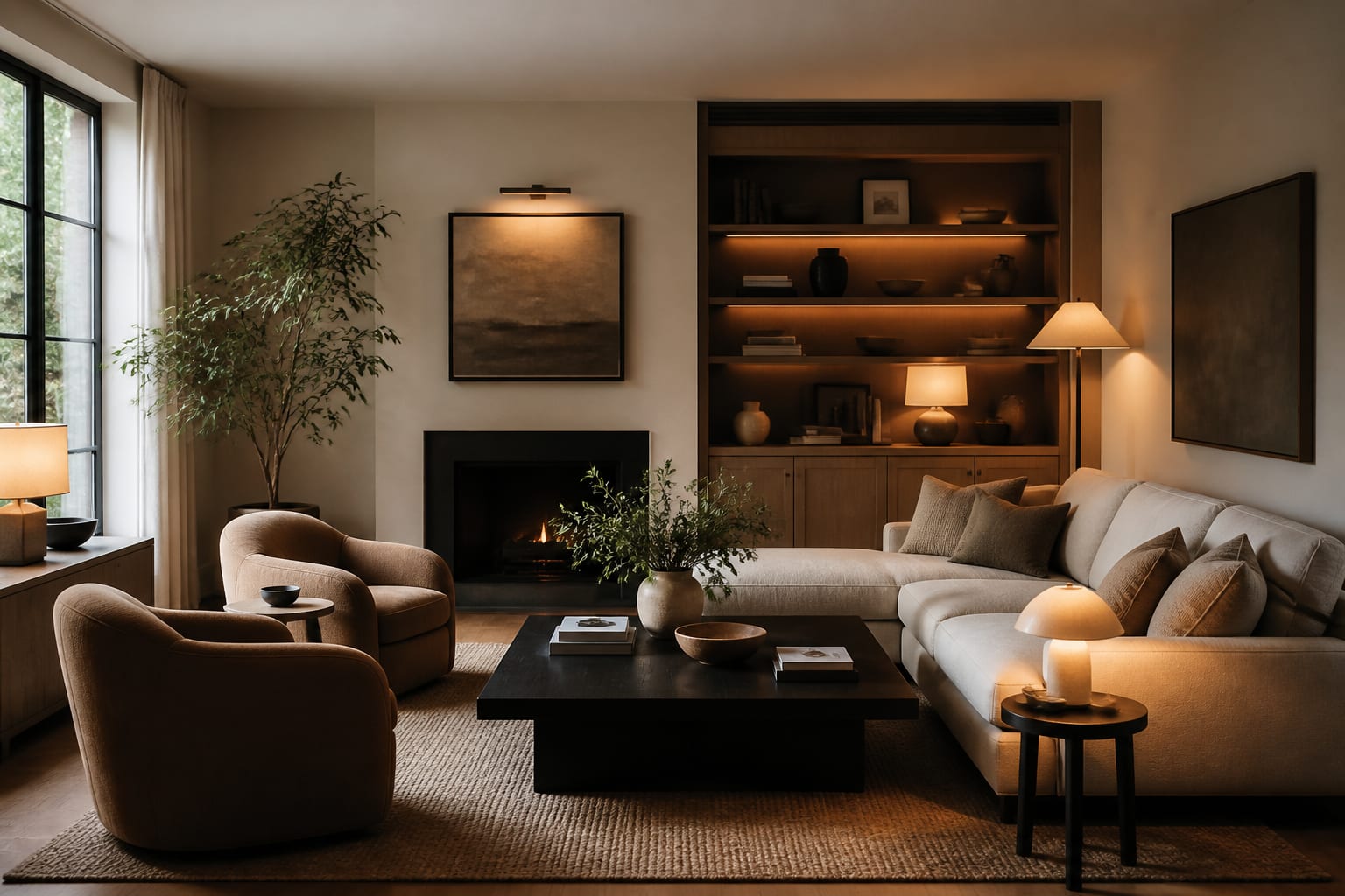 Living Room Lighting Guide in a living room, shown as a warm editorial Re-Design concept