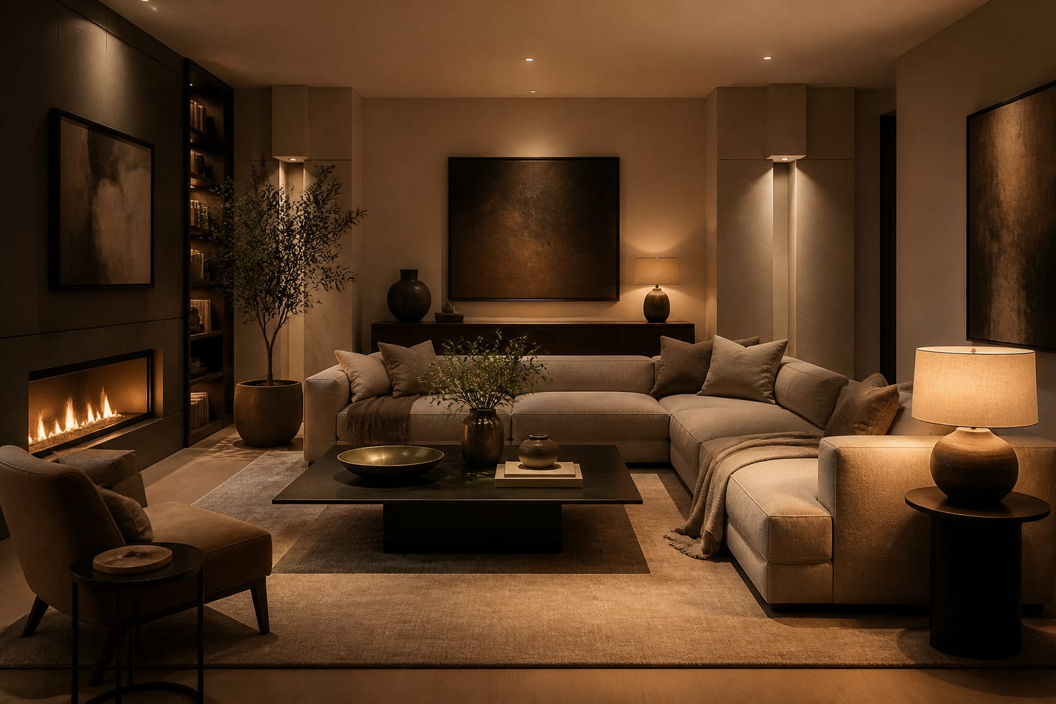 Living Room Without Natural Light in a living room, shown as a warm editorial Re-Design concept