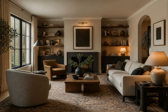 What Does a Living Room Renovation Actually Cost? Real Budget Breakdowns, shown as warm editorial Re-Design interior photography with layered materials and lighting