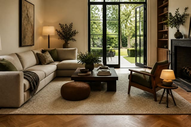 Editorial interior photograph showing living room rug ideas: sizing, layering, and pile in a real living room, with warm residential materials, layered lighting, functional furniture placement, and a magazine-quality composition.