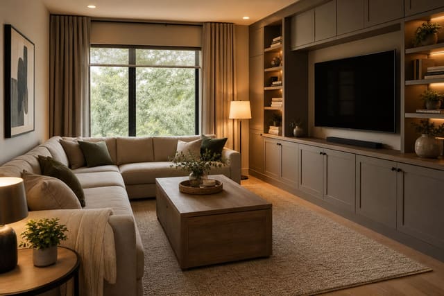 calm living room with closed storage coffee table, built in looking media cabinet, and a tidy sofa wall with hidden toy storage