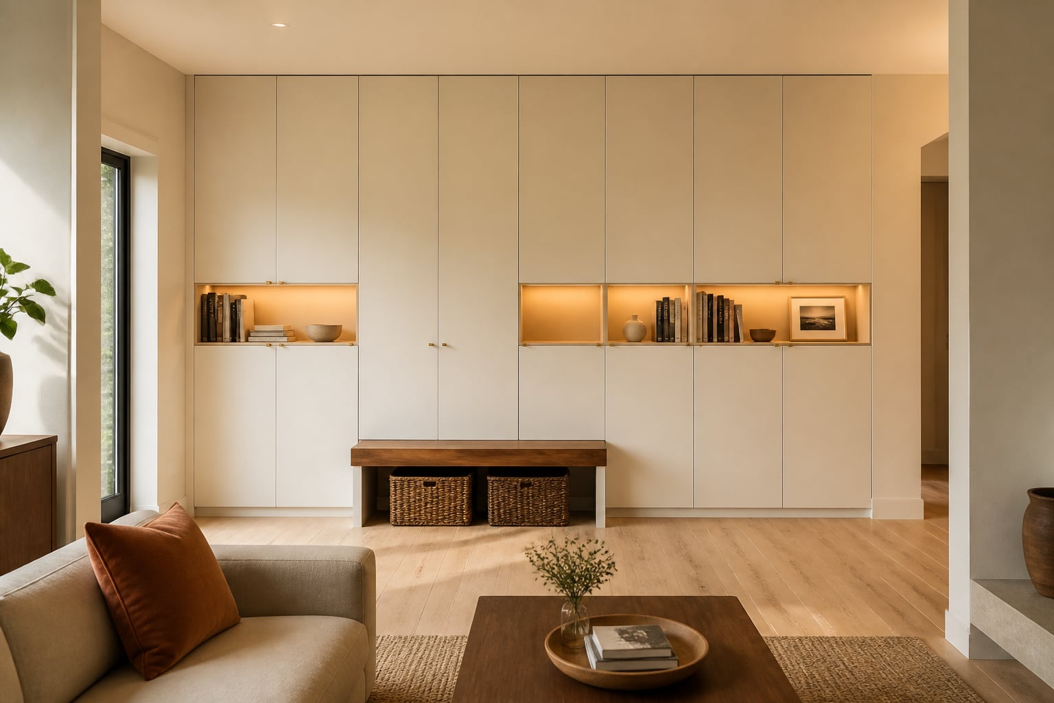 Same long wall replaced with a soft-white floor-to-ceiling built-in: closed cabinetry, three eye-level display niches with books and ceramics, and a walnut bench with woven baskets below.