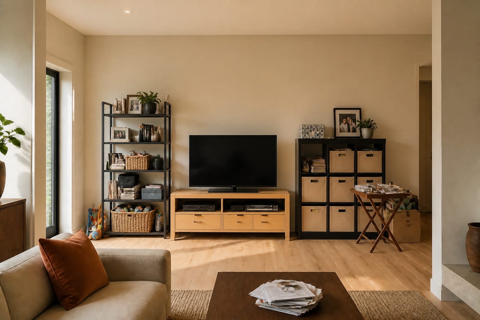 Living-room wall covered in a mismatched étagère, low maple TV stand, basket of toys overflowing, cardboard bins, and a folding tray table with mail.