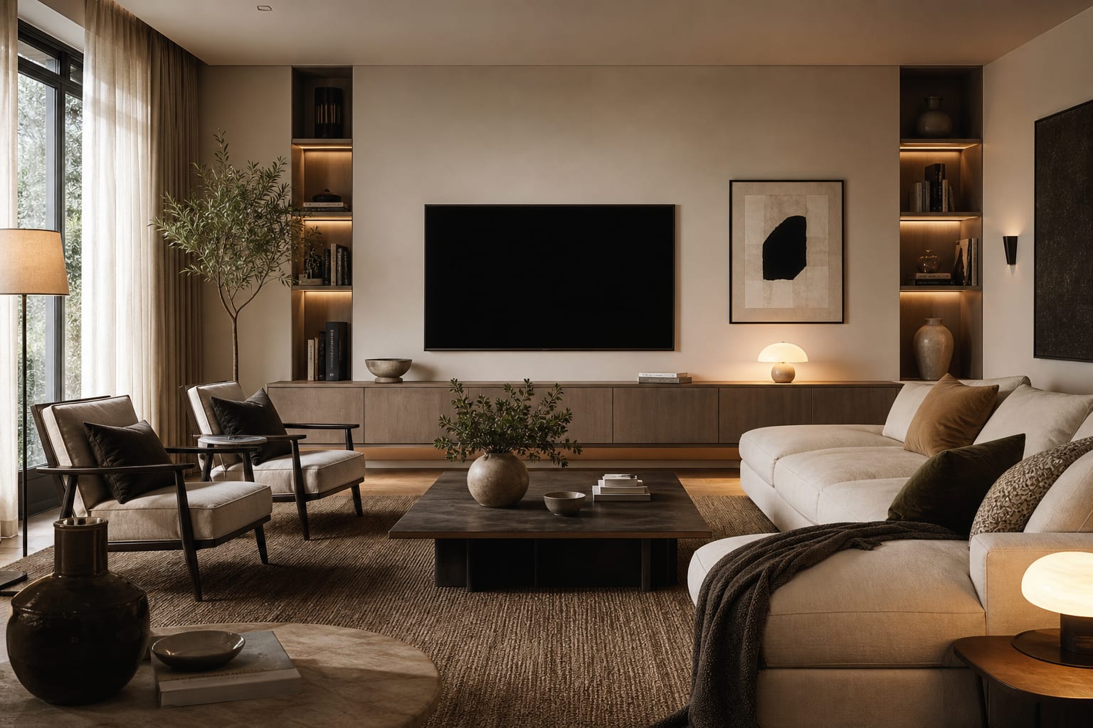 living room with a balanced TV wall, low storage, warm lamps, art, books, and a sofa arranged for conversation