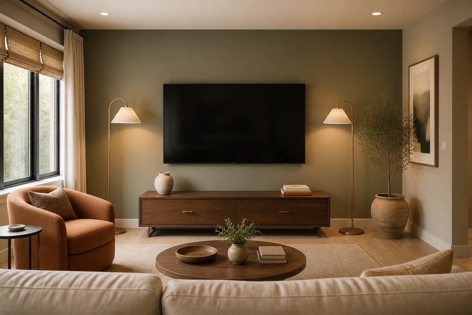 Same wall painted soft moody sage with a properly mounted 65-inch TV, a slim walnut media console below, and tall slim brass arc lamps flanking.