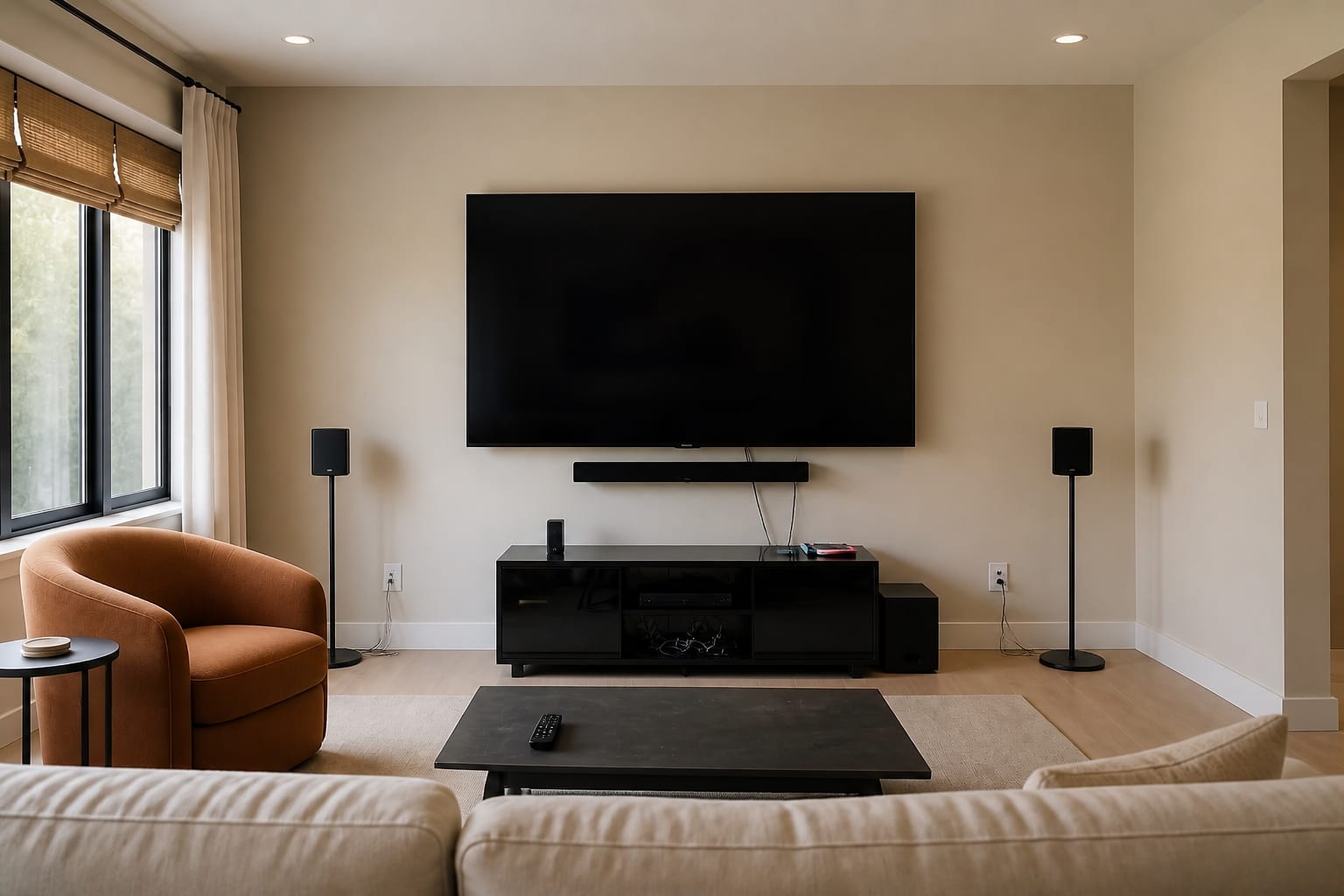 Living-room wall dominated by an oversized 85-inch TV mounted too high on a glaring white wall, a black-glass entertainment center, cords, a soundbar, and matching black speaker stands.