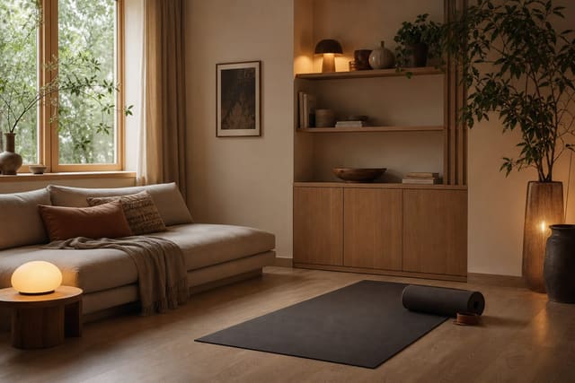 living room yoga zone with rolled mat beside a low sofa, warm lamp light, closed storage, and clear floor for movement