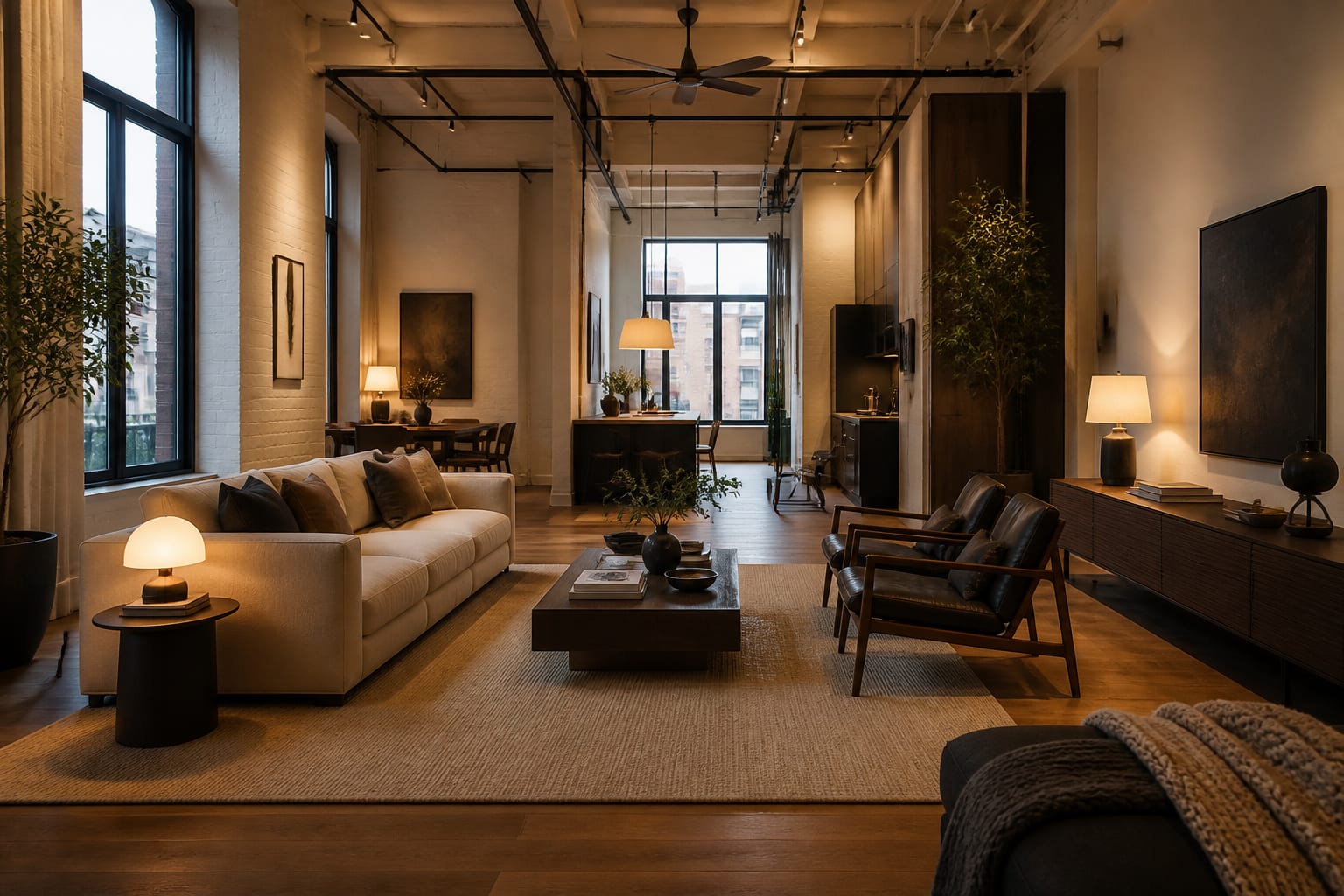 Editorial interior photograph showing loft apartment design ideas: zone an open box without walls in a real loft, with warm residential materials, layered lighting, functional furniture placement, and a magazine-quality composition.