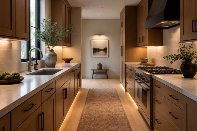 long narrow kitchen with warm cabinets, clear center aisle, continuous counter lighting, and a calm focal wall at the far end