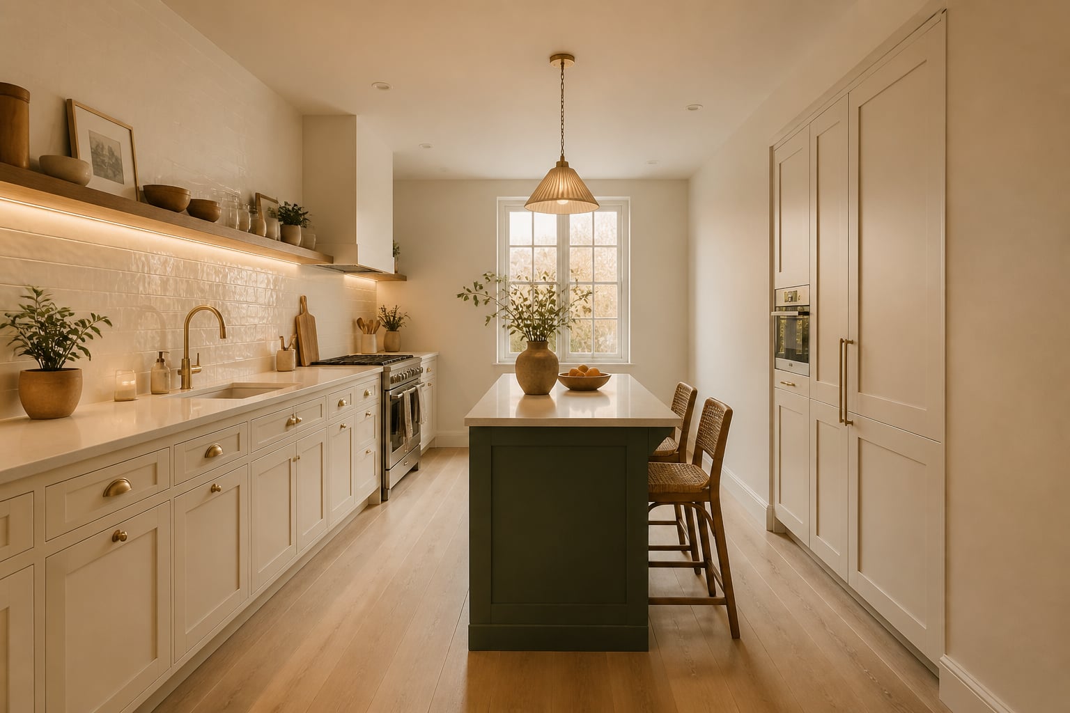 Same long narrow kitchen with soft white shaker lowers on the left, a continuous walnut open shelf instead of uppers, integrated panel appliances on the right, and a deep green peninsula with cane stools.