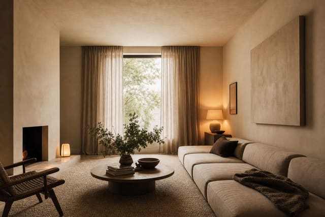 low ceiling living room with low sofa, tall curtains, warm lamps, and pale continuous wall color