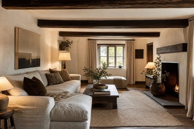 low cottage room with dark ceiling beams, warm white walls, low linen sofa, layered lamps, and pale natural rug