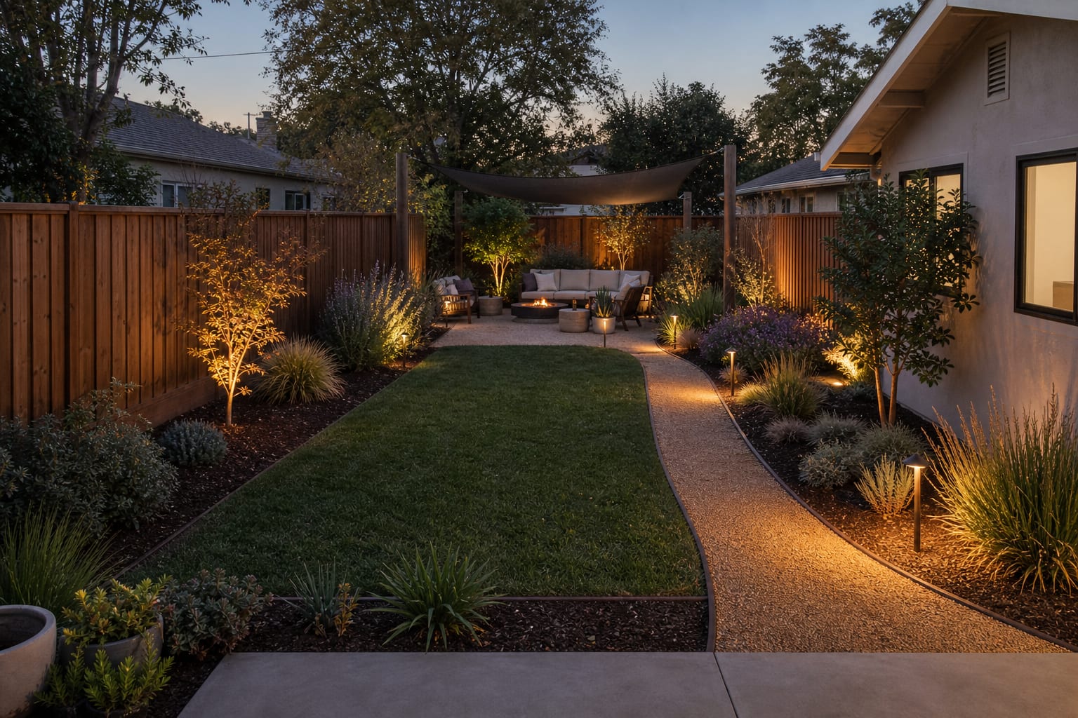 Low-maintenance backyard from the same angle with compact lawn, gravel path, mulched beds, repeated grasses, shrubs, and warm path lighting.