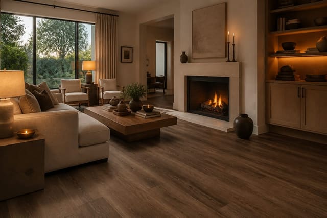 Luxury Vinyl Plank Flooring Ideas in a finished home interior, shown as a warm editorial Re-Design concept