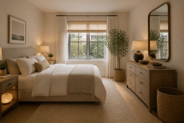 How to Make a Bedroom Feel Bigger: 10 Tricks That Actually Work, shown as warm editorial Re-Design photography of a compact bedroom made visually larger with light bedding, leggy furniture, mirrors, and clear floor space at believable residential scale, no overlaid text, no watermark